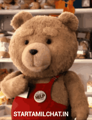 Teddy Bear In Red Apron With Help Button GIF