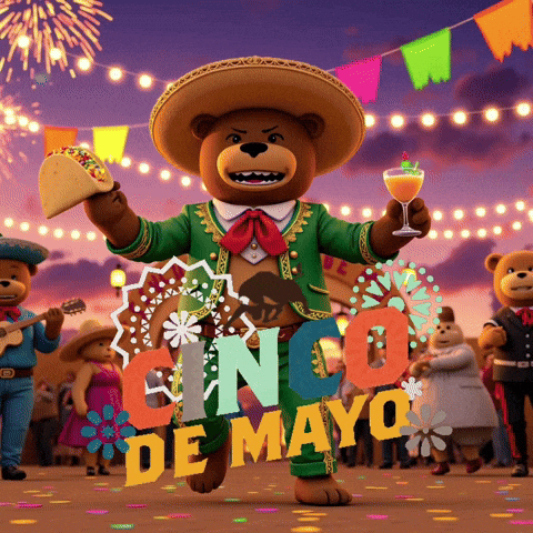 Teddy Bear in Sombrero Holding Taco and Wine