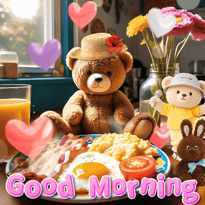 Teddy Bear in Straw Hat Saying Good Morning