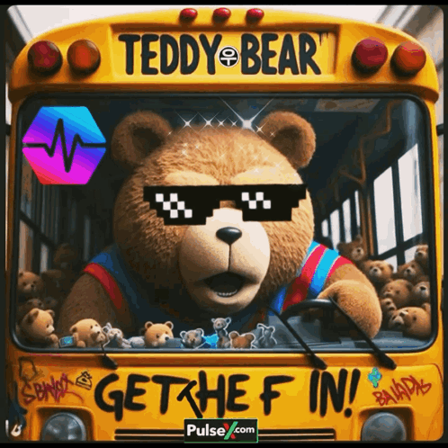 Teddy Bear In Sunglasses On School Bus Saying Get The F In GIF