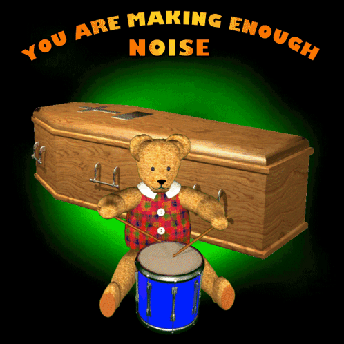 Teddy Bear Playing Drum in Front of Coffin