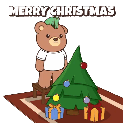 Teddy Bear Putting Star on Christmas Tree Merry Christmas