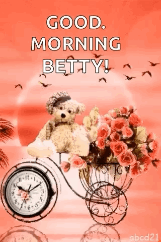 Teddy Bear Riding Bicycle with Flowers and Clock
