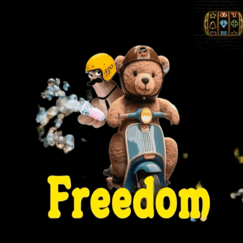 Teddy Bear Riding Scooter With Yellow Freedom GIF