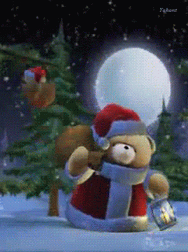 Teddy Bear Santa Claus With Lantern in Snow