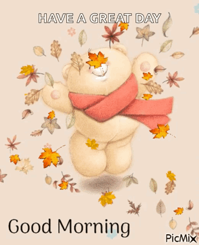 Teddy Bear Scarf Says Good Morning Among Leaves GIF