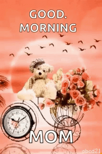 Teddy Bear Sitting on Bicycle with Flowers and Clock