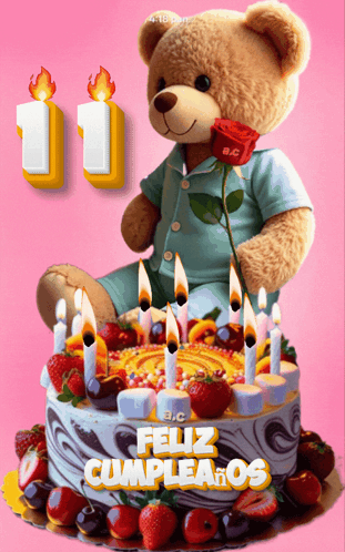 Teddy Bear Sitting on Cake Feliz Cumpleaños