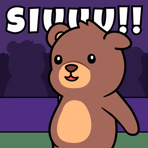 Teddy Bear Standing in Front of Sign Saying sisuu