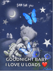 Teddy Bear Surrounded by Blue Butterflies Goodnight Baby