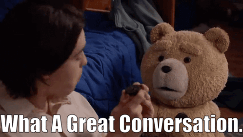 Teddy Bear Talking to Boy Holding Cookie What a Great Conversation