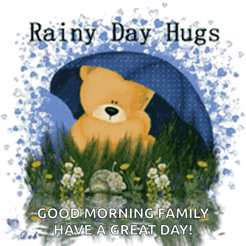 Teddy Bear Under Umbrella Rainy Day Hugs Good Morning Family Have A Great Day GIF