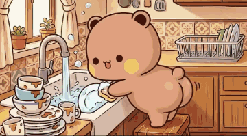 Teddy Bear Washing Dishes in Kitchen Sink