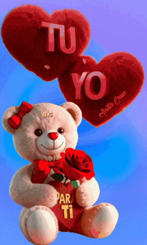 Teddy Bear with Rose and Hearts Saying Tu Yo