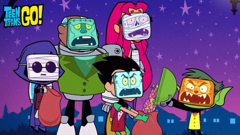Teen Titans Go Characters Wearing Scary Masks GIF