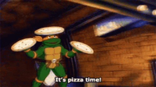 Teenage Mutant Ninja Turtle Holding Three Pizzas Saying Pizza Time