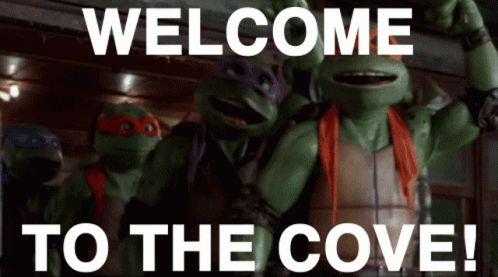 Teenage Mutant Ninja Turtles At Welcome To The Cove Sign GIF