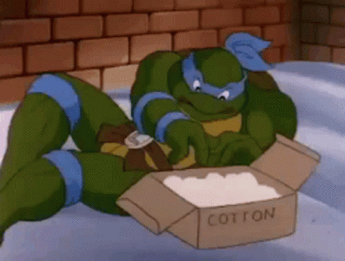 Teenage Ninja Turtle Leonardo Blocking Ears With Cotton GIF