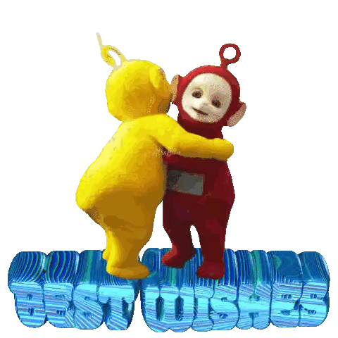 Teletubbies Hugging in Front of Best Wishes Sign