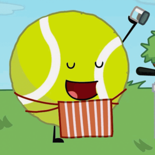Tennis Ball Holding Striped Towel and Camera