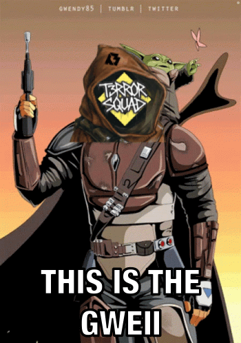 Terror Squad Poster with Man Holding Gun and Baby Yoda