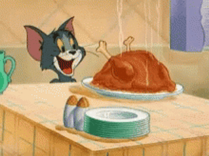 Thanksgiving Cat Jerry Happily Looking At Smoking Turkey GIF