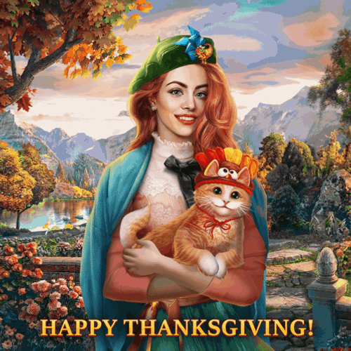 Thanksgiving Cat With Pretty Lady GIF