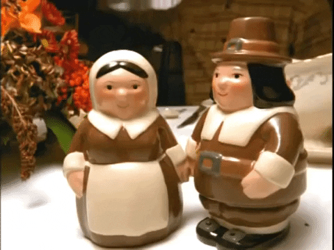 Thanksgiving Dinner Pilgrim Pair Salt And Pepper Shakers GIF