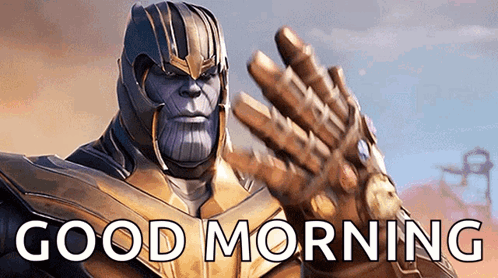 Thanos From Avengers : Age Of Ultron Is Wearing A Helmet And Gloves And Says Good Morning . GIF