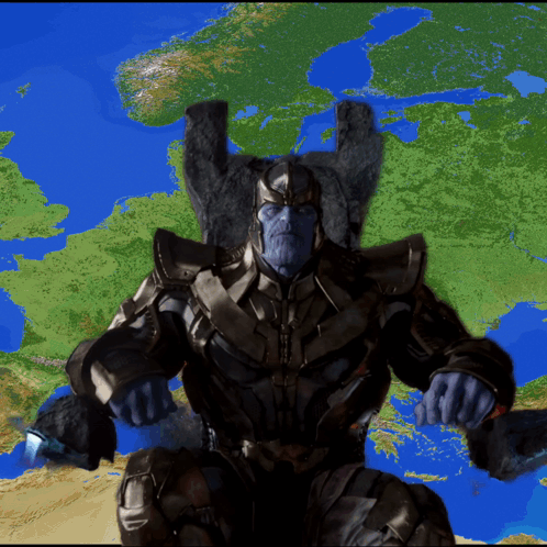 Thanos Is Sitting On A Throne In Front Of A Map Of The World GIF