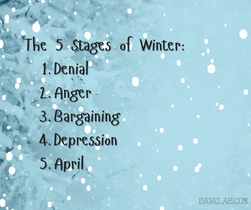 The 5 Stages Of Winter Are Written On A Snowy Background GIF