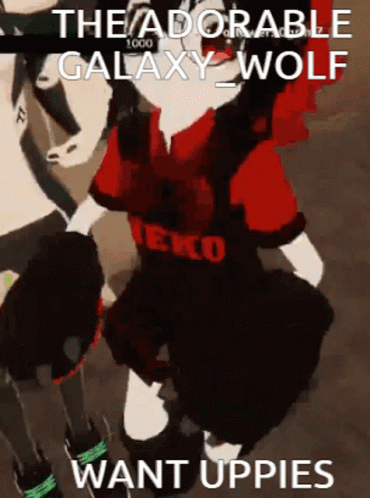 The Adorable Galaxy Wolf Want Uppies Is A Cartoon Character With A Red Shirt And Black Pants . GIF