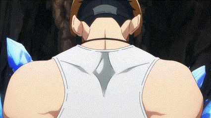 The Back Of A Man Wearing A White Tank Top And A Baseball Cap Is Shown In A Cartoon . GIF