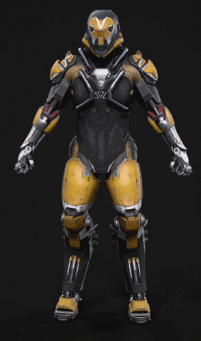 The Back Of A Yellow And Black Robot With A Helmet GIF