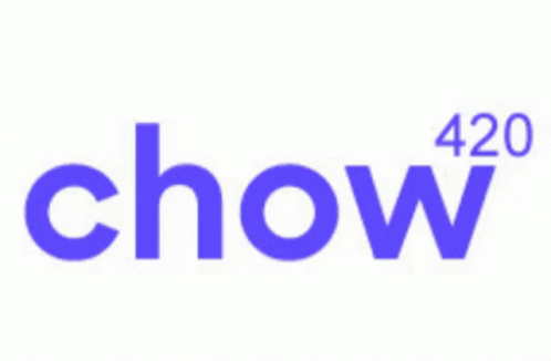 The Chow 420 Logo Is Purple And White On A White Background . GIF