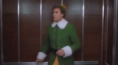 The Elf Buddy Hobbs Fails To Leave Elevator GIF