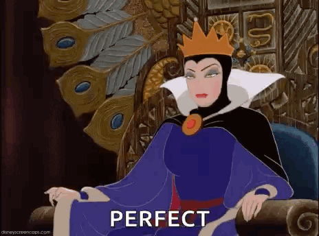 The Evil Queen From Snow White And The Seven Dwarfs Is Sitting On A Throne With The Words `` Perfect '' . GIF
