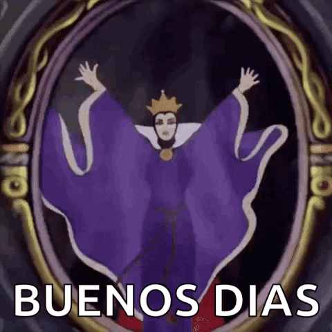 The Evil Queen From Snow White And The Seven Dwarfs Is Standing In Front Of A Mirror With Her Hands In The Air . GIF
