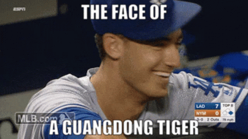The Face Of A Guangdong Tiger Is Shown On A Baseball Player 'S Face GIF