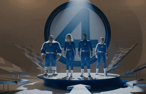 The Fantastic Four Are Standing On A Stage In Front Of A Circle With The Number 4 On It GIF