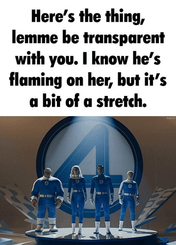 The Fantastic Four Are Standing On A Stage In Front Of A Sign That Says Here 'S The Thing GIF