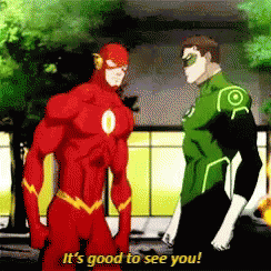The Flash And Green Lantern Standing Together Green Lantern Says It's Good To See You GIF