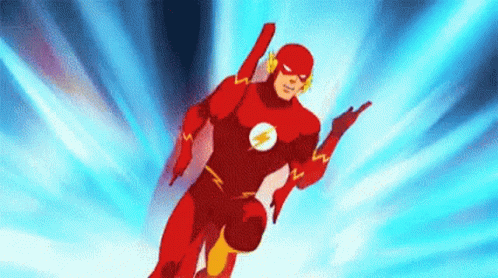 The Flash Is Flying Through The Air With A Blue Background Behind Him . GIF