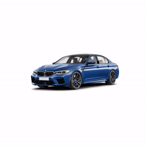 The Front Of A Blue Bmw With The Letters M On The Hood GIF