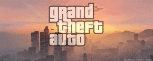 The Grand Theft Auto Logo Is Displayed On A Cityscape GIF