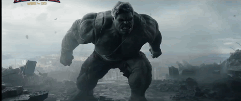 The Hulk Is Standing In The Middle Of A Destroyed City With The Word Hulk On The Bottom GIF