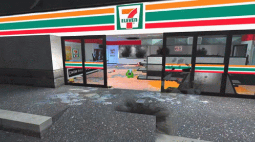 The Inside Of A 7 Eleven Store With Broken Glass GIF