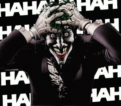 The Joker Is Laughing With His Hands On His Head And The Letters Hah Are Behind Him GIF