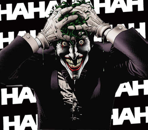 The Joker Is Laughing With His Hands On His Head And The Letters Hah Are Behind Him GIF