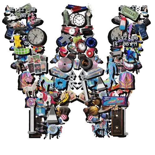 the letter m is made up of various items including a carousel and a clock